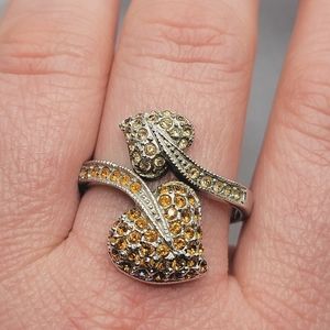 Vintage Signed RINC Leaf Bypass Ring Silver Tone and Rhinestone Gems